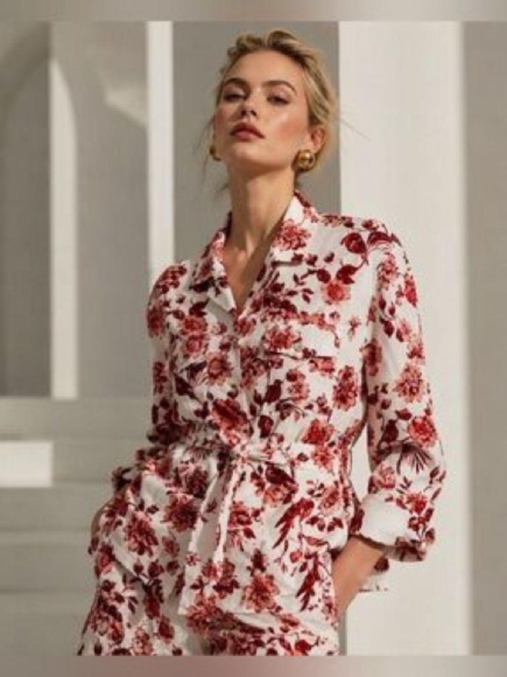 Rachel Zoe Floral 100% Linen Belted Utility Jacket Size M